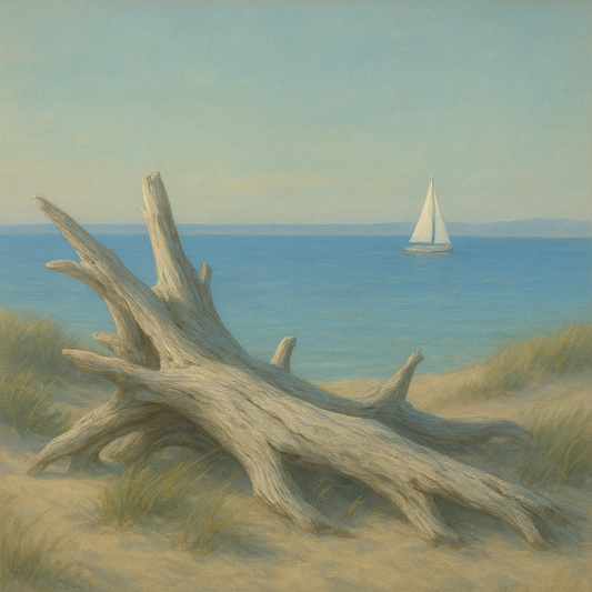 Sun-Bleached Driftwood & Distant Sailboat No. 18 Oil Painting 100% Hand Painted Oil on Belgian Linen Canvas, Original Fine Art Wall Decor