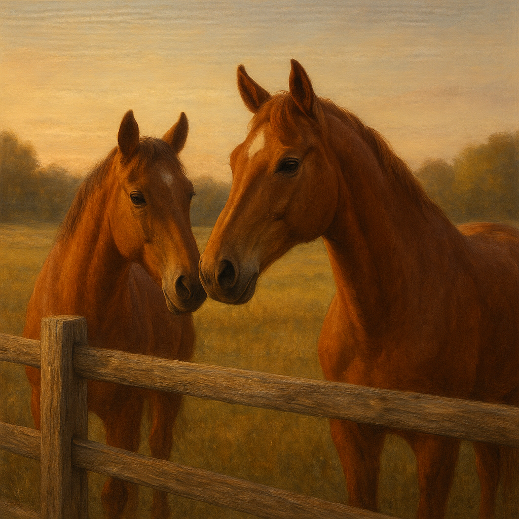 Two Horses at Rustic Post & Rail Fence No. 14 Oil Painting - View 1
