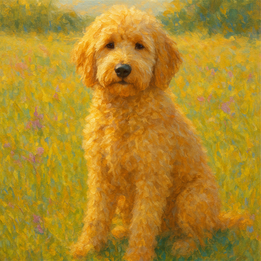 Fluffy Goldendoodle in Sun-Drenched Meadow No. 9 Fine Art Oil Painting - View 1