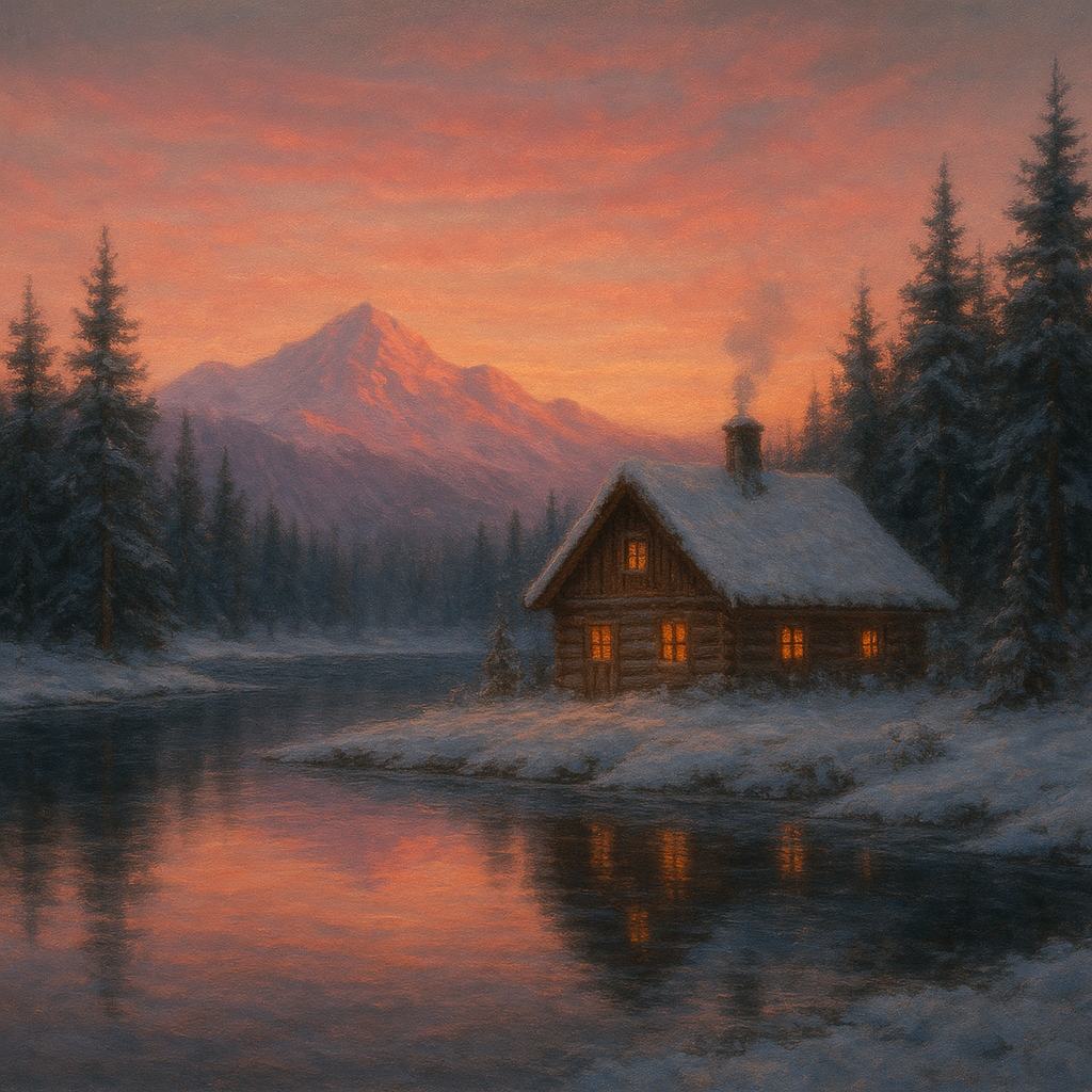 Winter Solstice Mountain Cabin Reflection Oil Painting - View 1