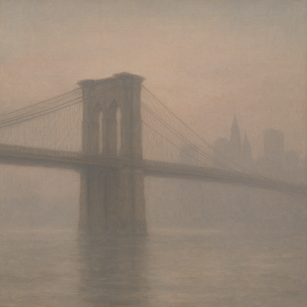 Brooklyn Bridge in Morning River Mist No. 12 Oil Painting - View 1