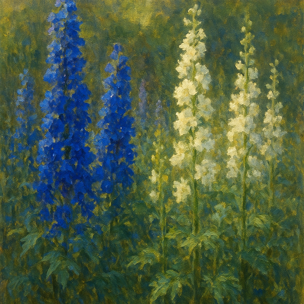 Wild Blue Delphiniums & White Larkspur Garden No. 12 Fine Art Oil Painting - View 1