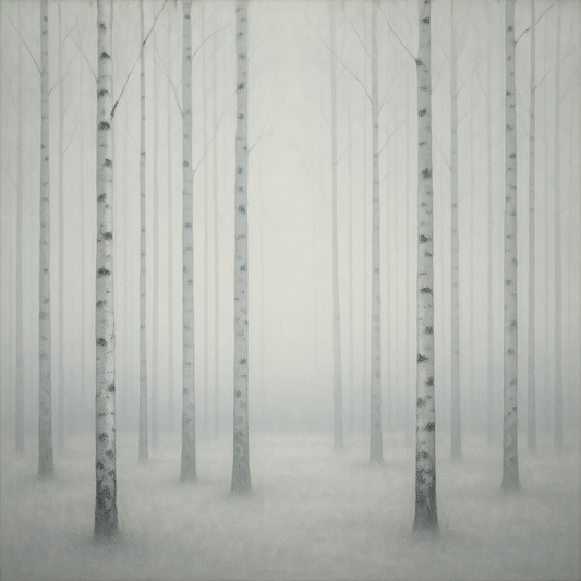 Pale Birch Woodland Silhouette in Whiteout No. 5 Oil Painting 100% Hand Painted Oil on Belgian Linen Canvas, Original Fine Art Wall Decor