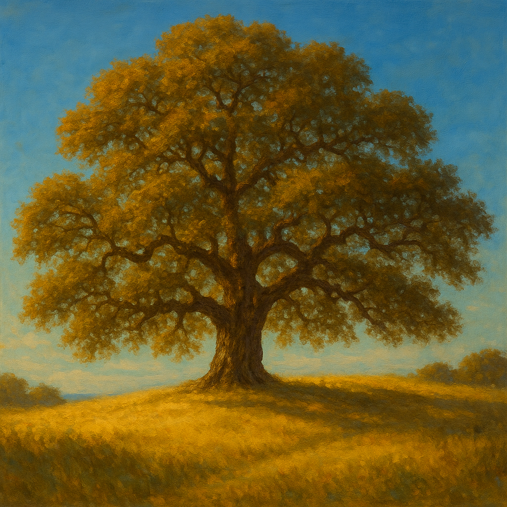 Old Oak Tree on Sunlit Meadow Ridge Fine Art Oil Painting - View 1