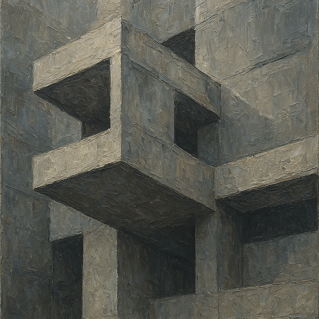 Brutalist Cantilevered Balcony Study Oil Painting - 100% Hand-Painted Master Oil Painting