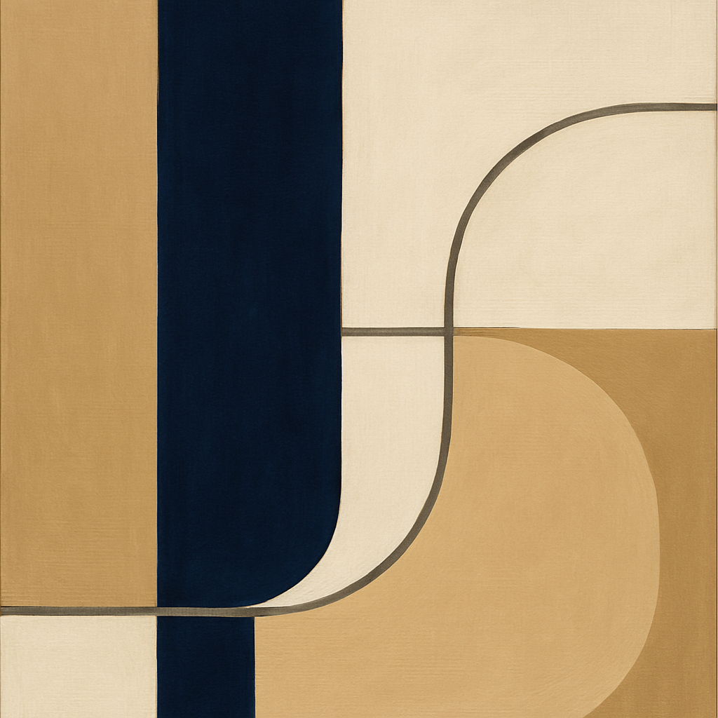 Navy & Warm Beige Geometric Line Balance No. 15 Fine Art Oil Painting - View 1
