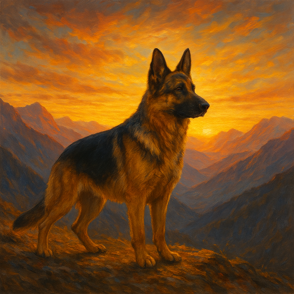 German Shepherd Standing in Alpine Sunset No. 15 Fine Art Oil Painting - View 1