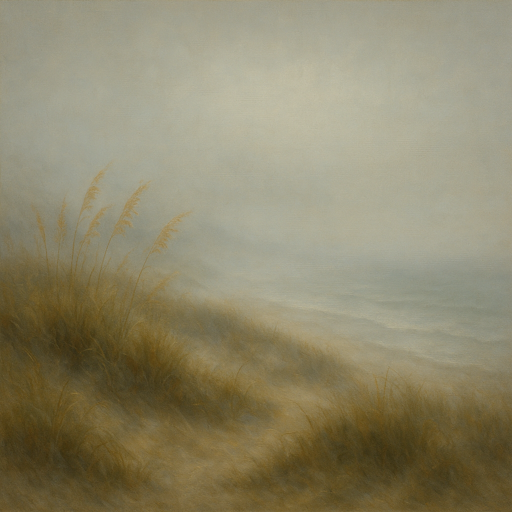 Ethereal Coastal Sea Fog over Silent Dunes Fine Art Oil Painting - View 1
