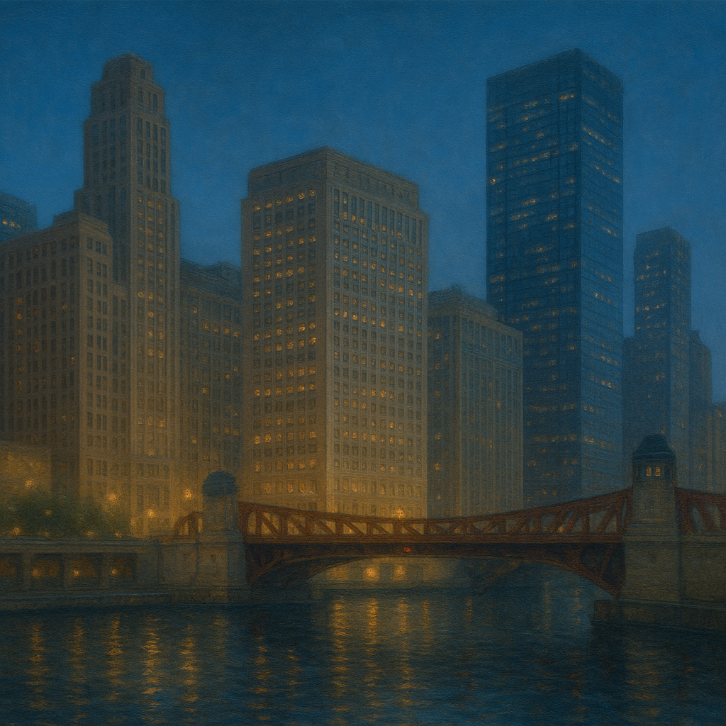 Chicago Riverfront Architecture at Blue Hour No. 20 Oil Painting - View 1