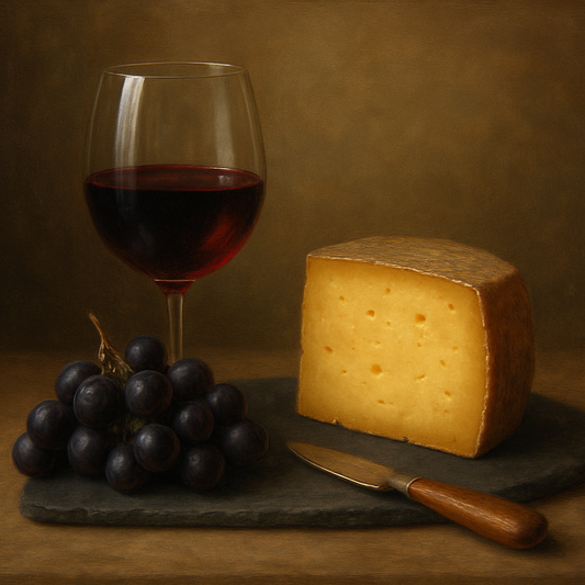Burgundy Wine Glass & Aged Cheese Board No. 8 Oil Painting - View 1