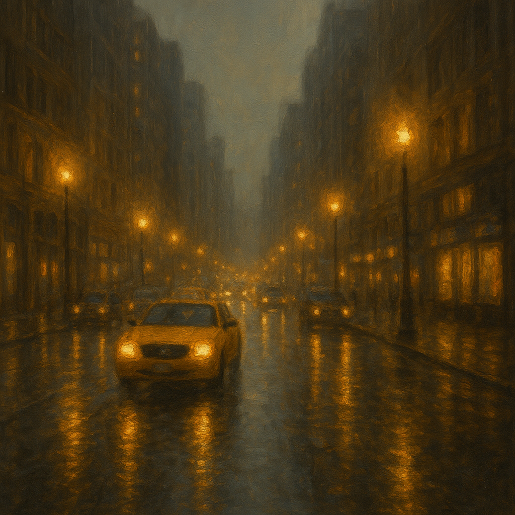 Rain-Drenched Manhattan Avenue Lights No. 8 Oil Painting - View 1