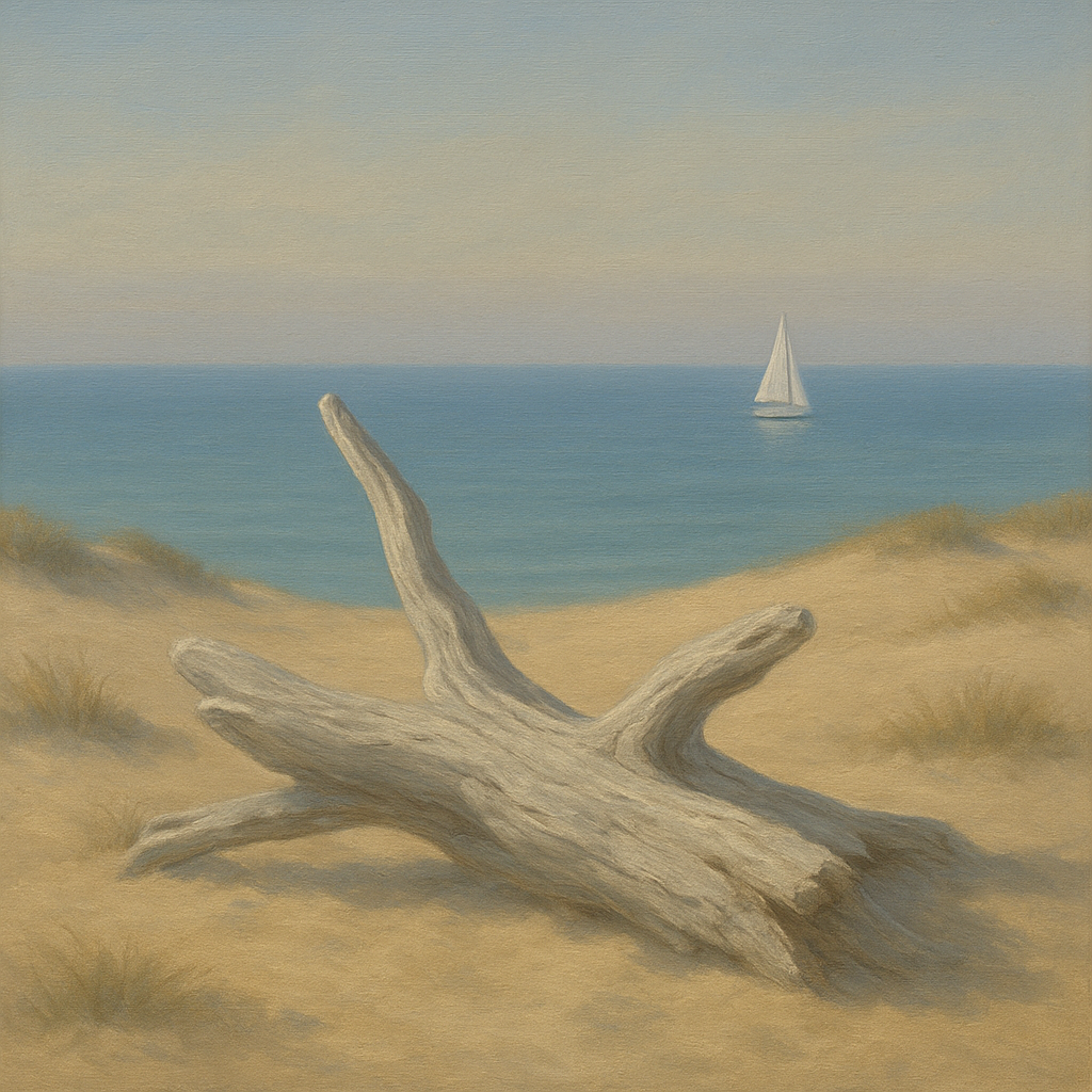 Sun-Bleached Driftwood & Distant Sailboat No. 10 Oil Painting 100% Hand Painted Oil on Belgian Linen Canvas, Original Fine Art Wall Decor