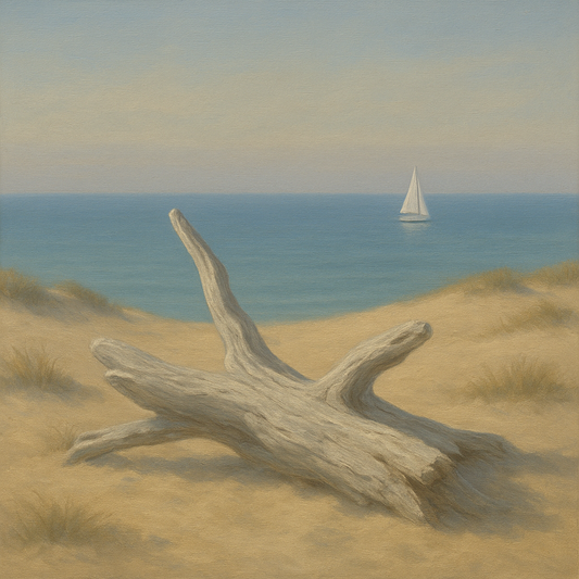 Sun-Bleached Driftwood & Distant Sailboat No. 10 Oil Painting 100% Hand Painted Oil on Belgian Linen Canvas, Original Fine Art Wall Decor