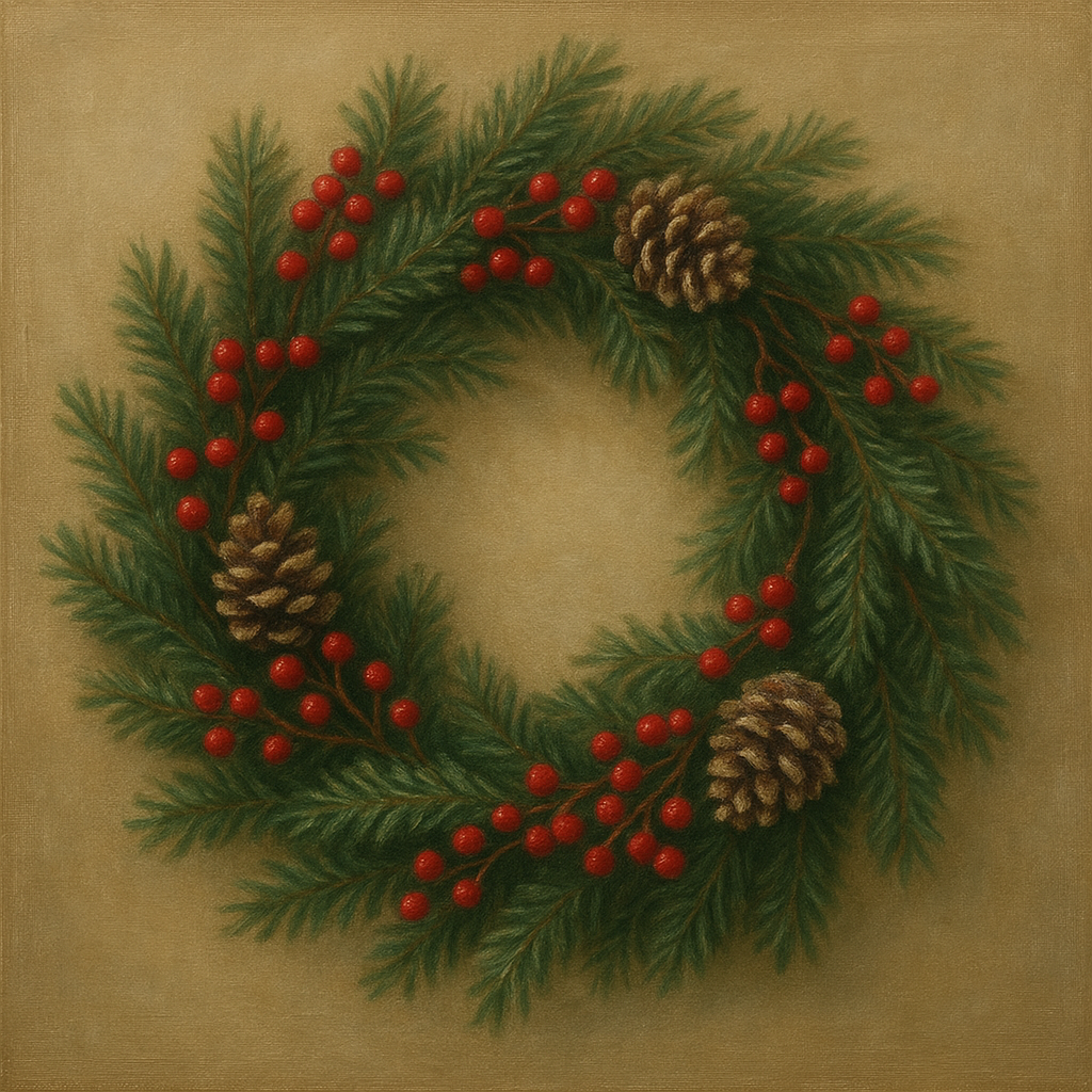 Vintage Holiday Botanical Wreath & Berries No. 7 Oil Painting - View 1