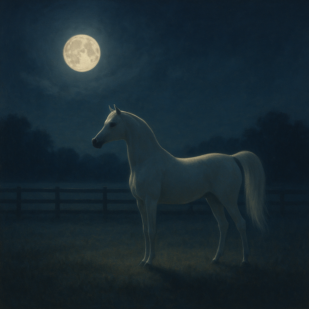 Moonlit Paddock with White Arabian Silhouette No. 11 Oil Painting - View 1