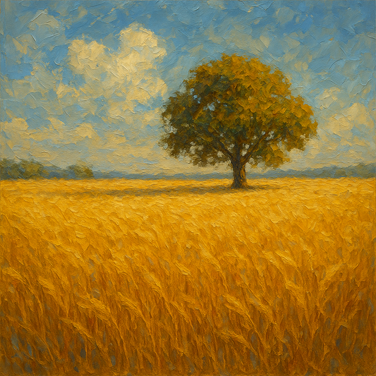 Sun-Drenched Wheat Field & Solitary Tree No. 3 Oil Painting - 100% Hand-Painted Master Oil Painting