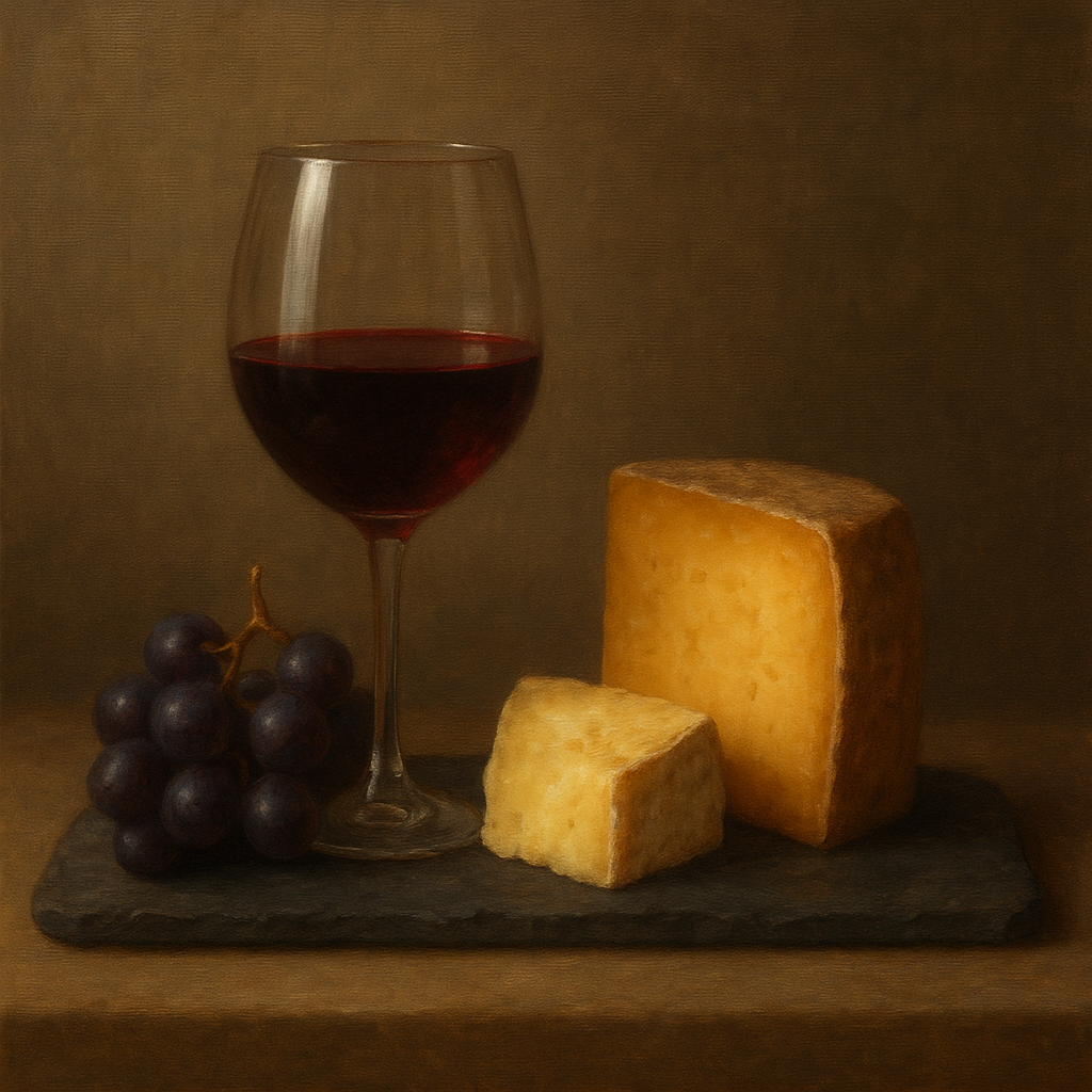Burgundy Wine Glass & Aged Cheese Board No. 10 Oil Painting - View 1