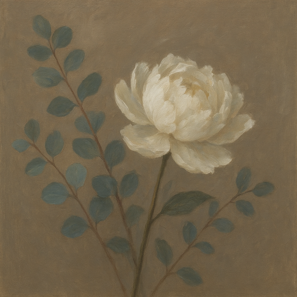 Eucalyptus & White Peony Minimalist Flora No. 15 Fine Art Oil Painting - View 1