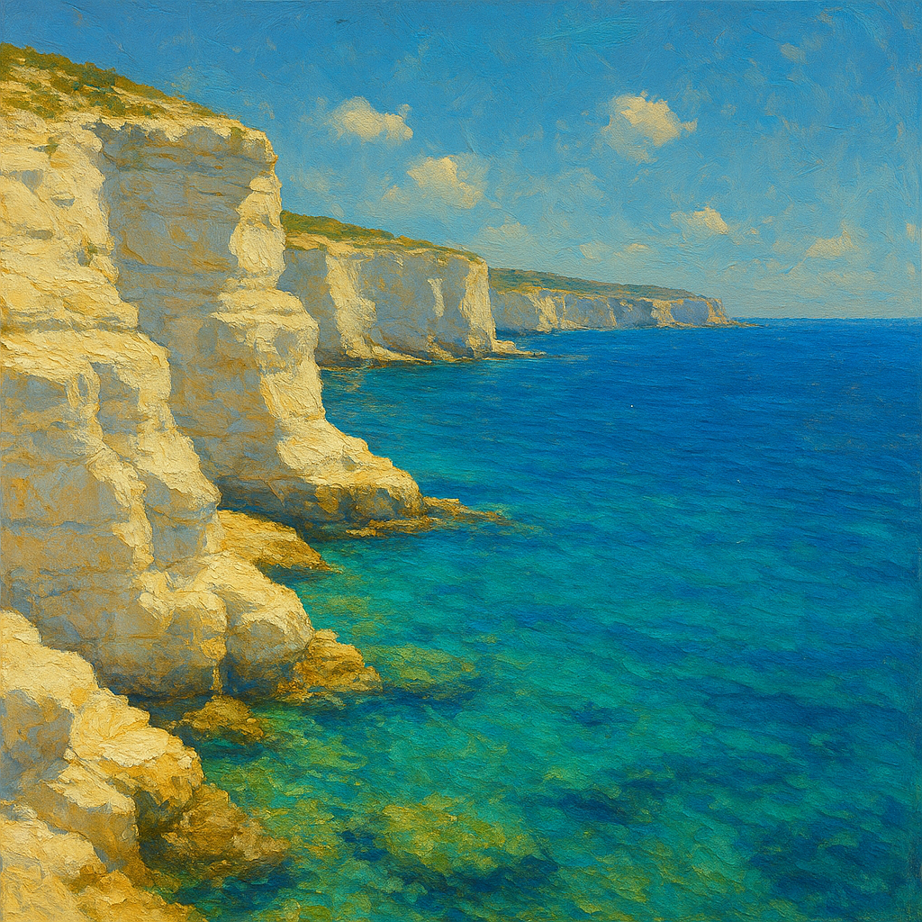 Mediterranean White Cliffs & Azure Horizon No. 3 Fine Art Oil Painting - View 1