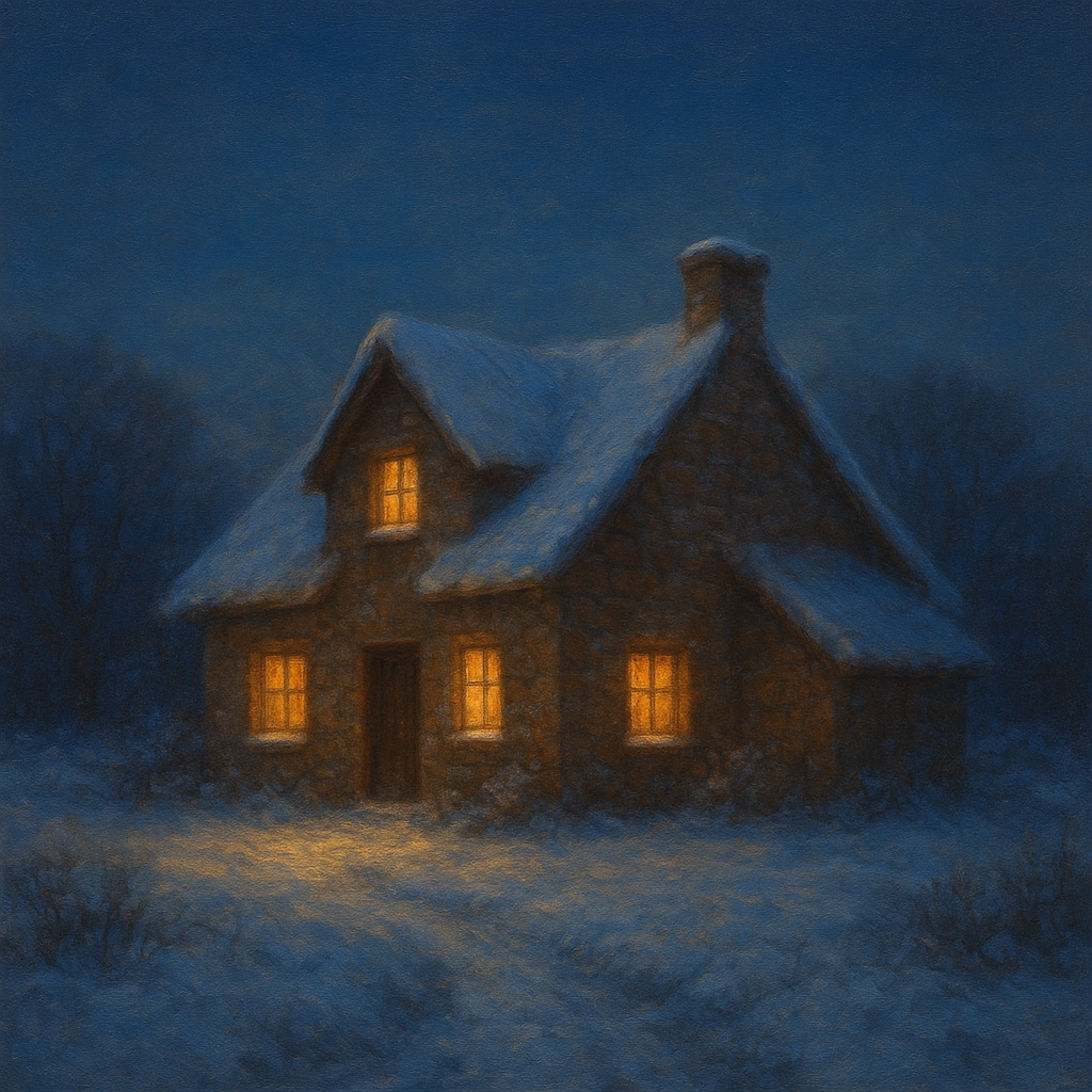 Snow-Dusted Stone Cottage at Twilight No. 7 Oil Painting - View 1