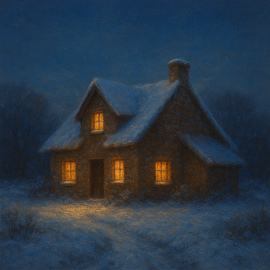 Snow-Dusted Stone Cottage at Twilight No. 7 Oil Painting 100% Hand Painted Oil on Belgian Linen Canvas, Original Fine Art Wall Decor