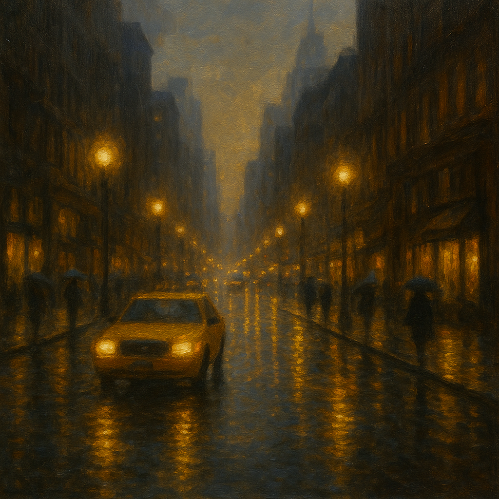 Rain-Drenched Manhattan Avenue Lights No. 26 Oil Painting - View 1