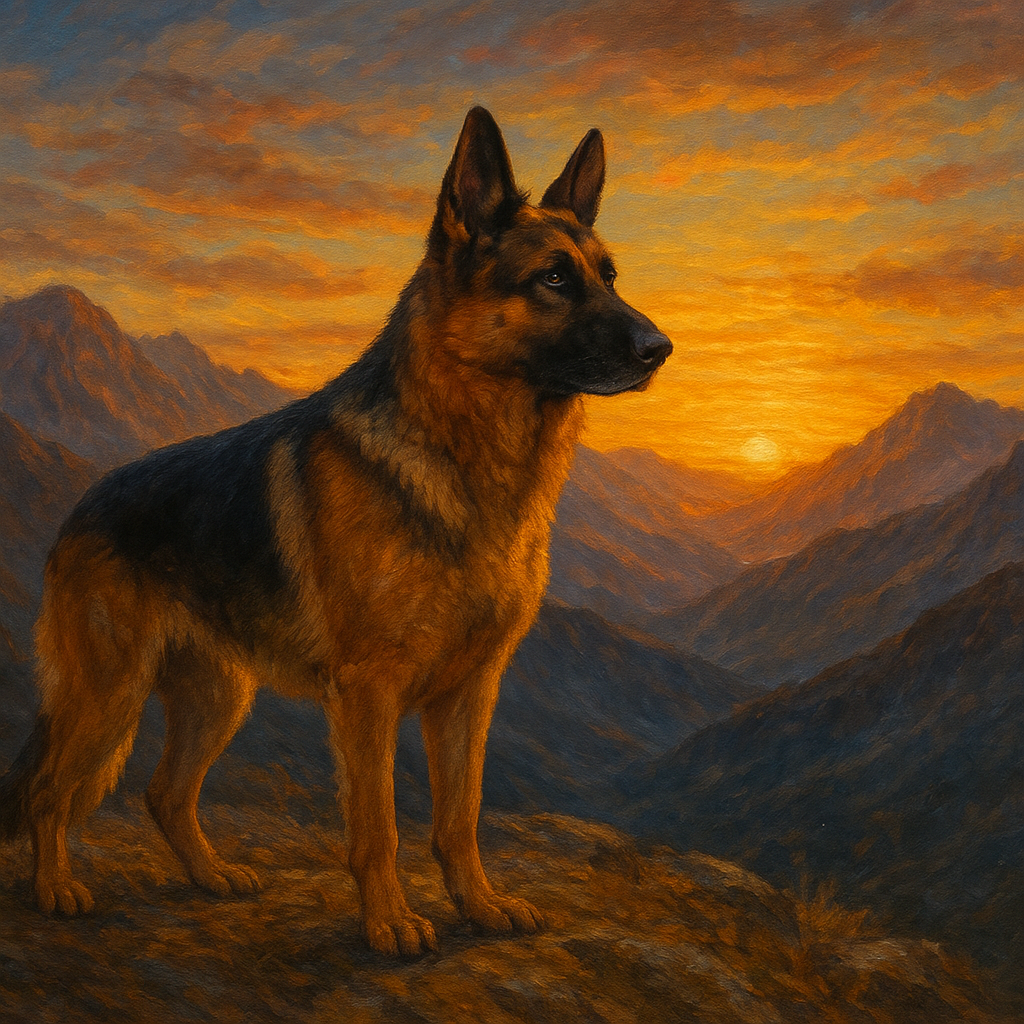 German Shepherd Standing in Alpine Sunset Fine Art Oil Painting - View 1