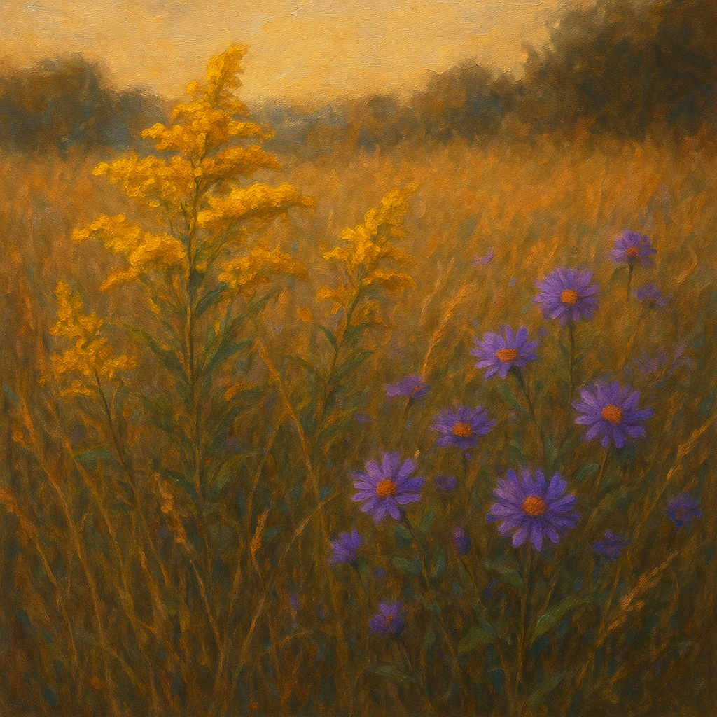 Goldenrod & Autumn Asters in Rustic Meadow No. 8 Fine Art Oil Painting - View 1