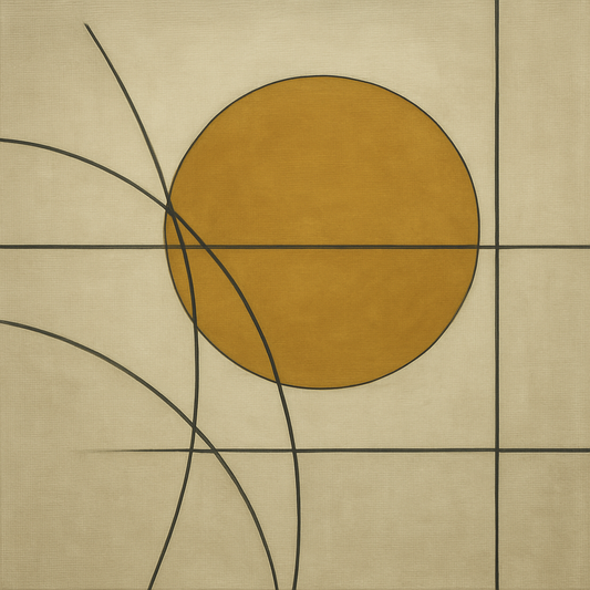 Abstract Tangent Lines & Earthy Ochre Disc No. 14 Oil Painting - View 1