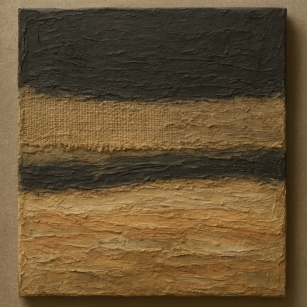 Raw Burlap and Charcoal Stratum Oil Painting - View 1
