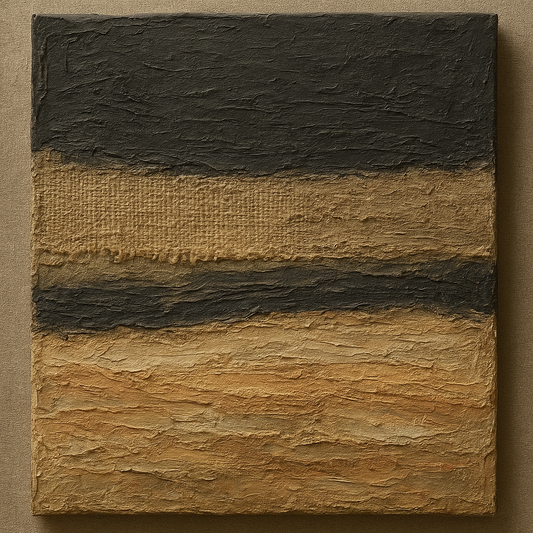 Raw Burlap and Charcoal Stratum Oil Painting - View 1