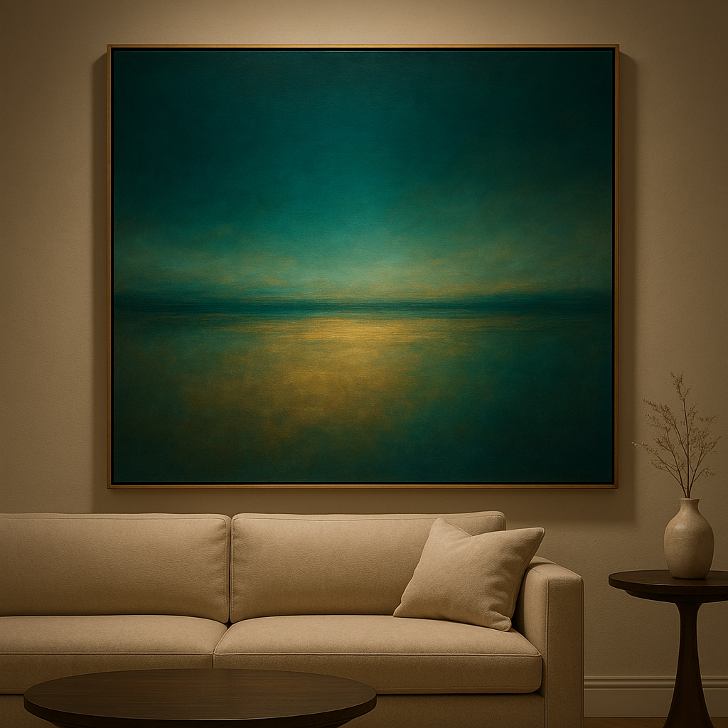 Peacock Teal & Champagne Gold Horizon No. 2 Oil Painting 100% Hand Painted Oil on Belgian Linen Canvas, Original Fine Art Wall Decor