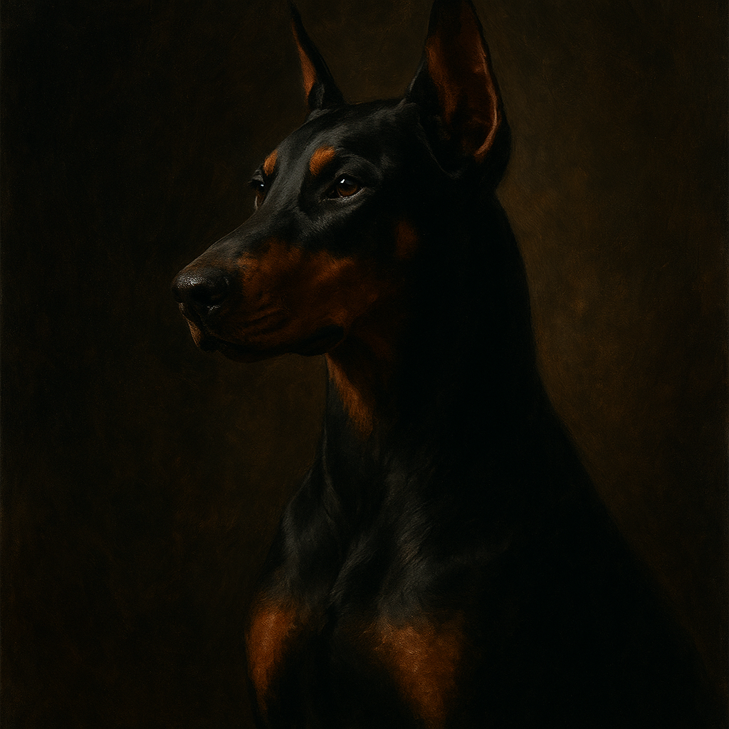 Alert Doberman Pinscher in Shadow & Light No. 10 Fine Art Oil Painting - View 1