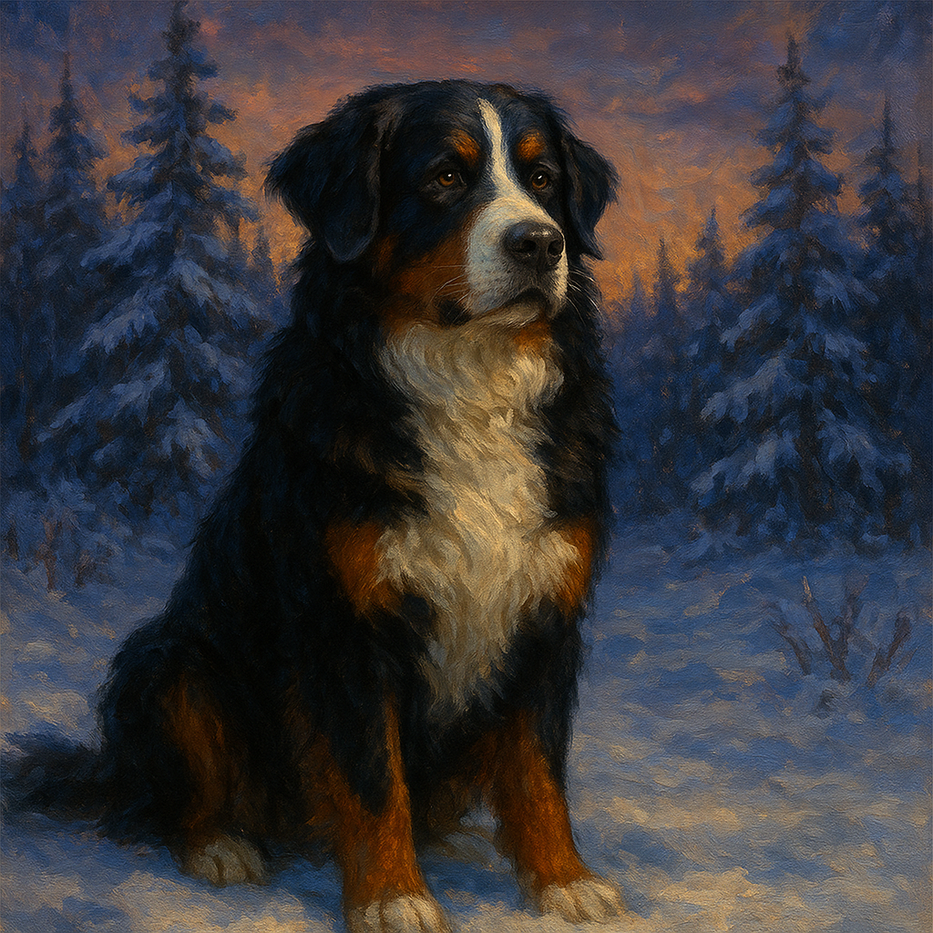 Bernese Mountain Dog in Winter Snowscape No. 2 Fine Art Oil Painting - View 1
