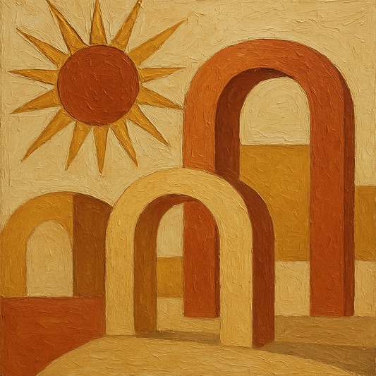 Mid-Century Terracotta Sun & Arches No. 5 Oil Painting - 100% Hand-Painted Master Oil Painting