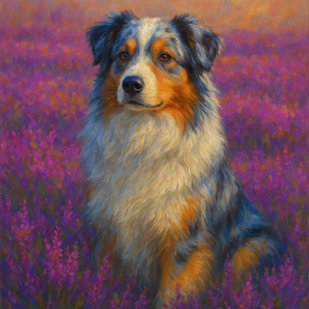 Australian Shepherd in Blooming Heather Field No. 12 Fine Art Oil Painting - View 1