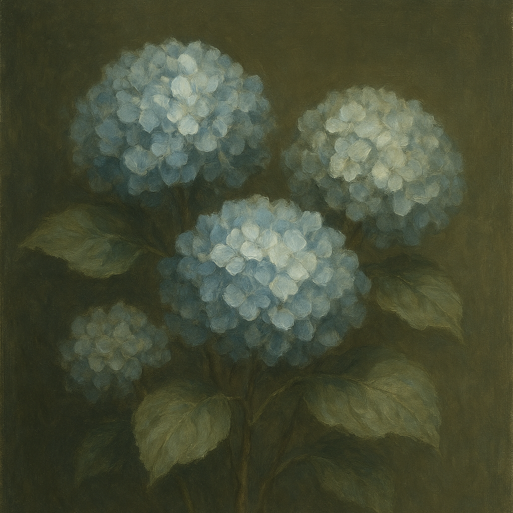 Hydrangea Trio in Dusty Blue & Antiqued Sage No. 4 Fine Art Oil Painting - View 1