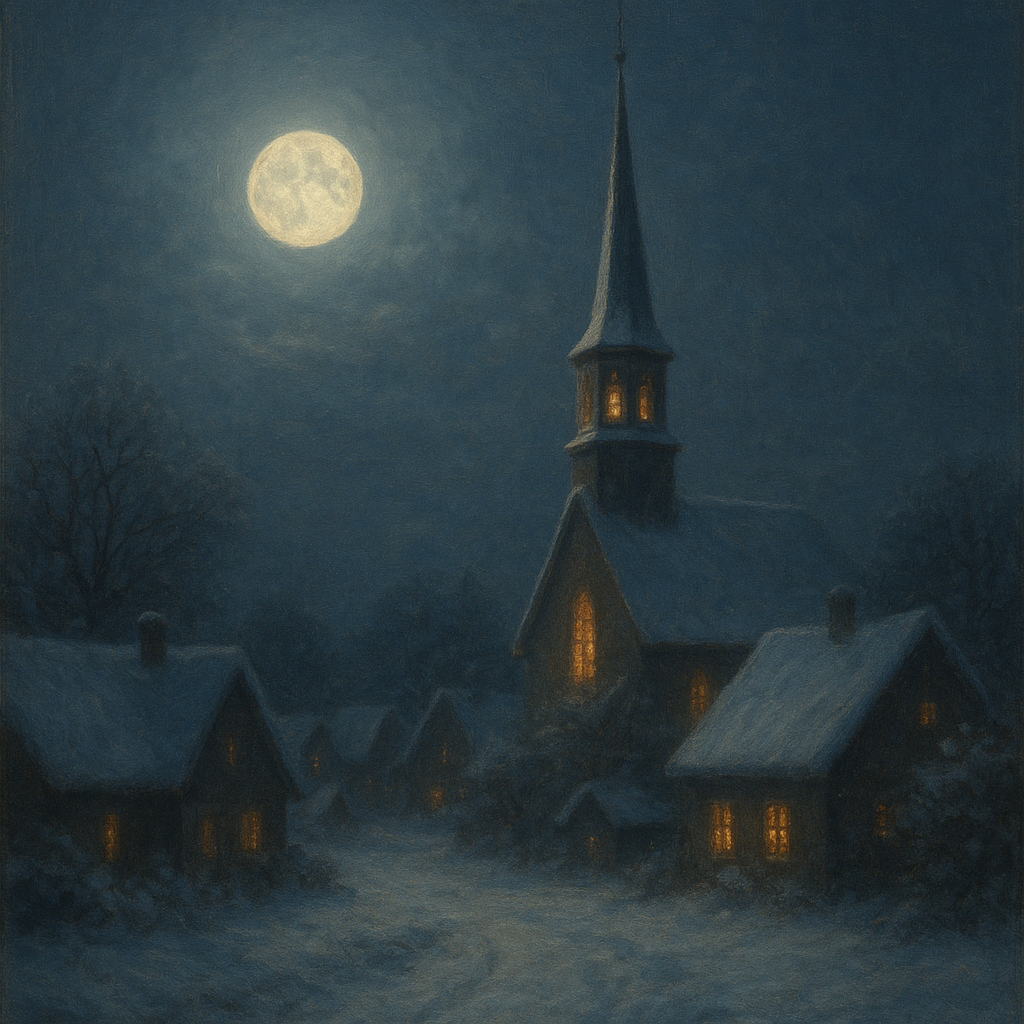 Moonlight Over Snowy Village Steeple No. 10 Oil Painting - View 1