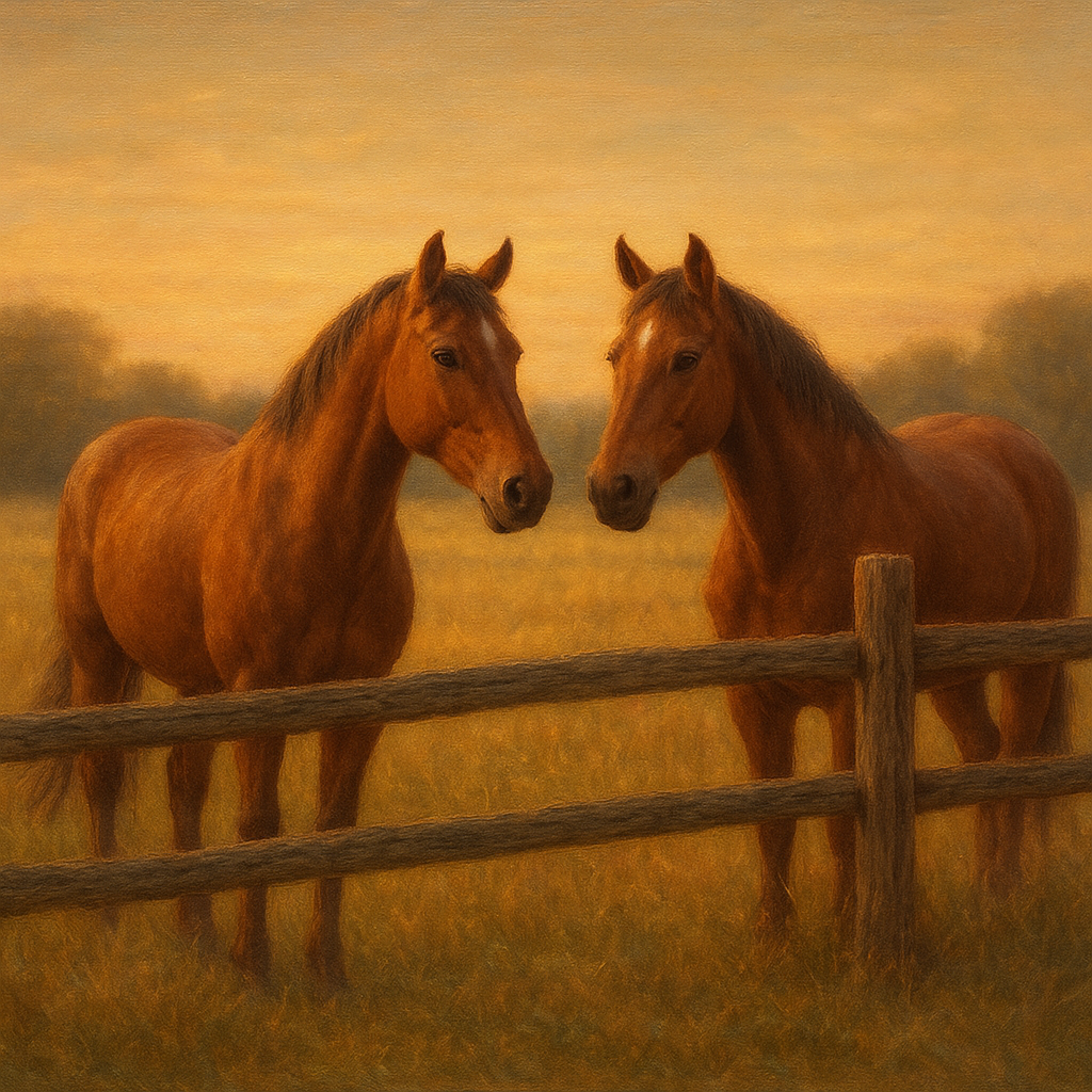 Two Horses at Rustic Post & Rail Fence No. 5 Oil Painting 100% Hand Painted Oil on Belgian Linen Canvas, Original Fine Art Wall Decor
