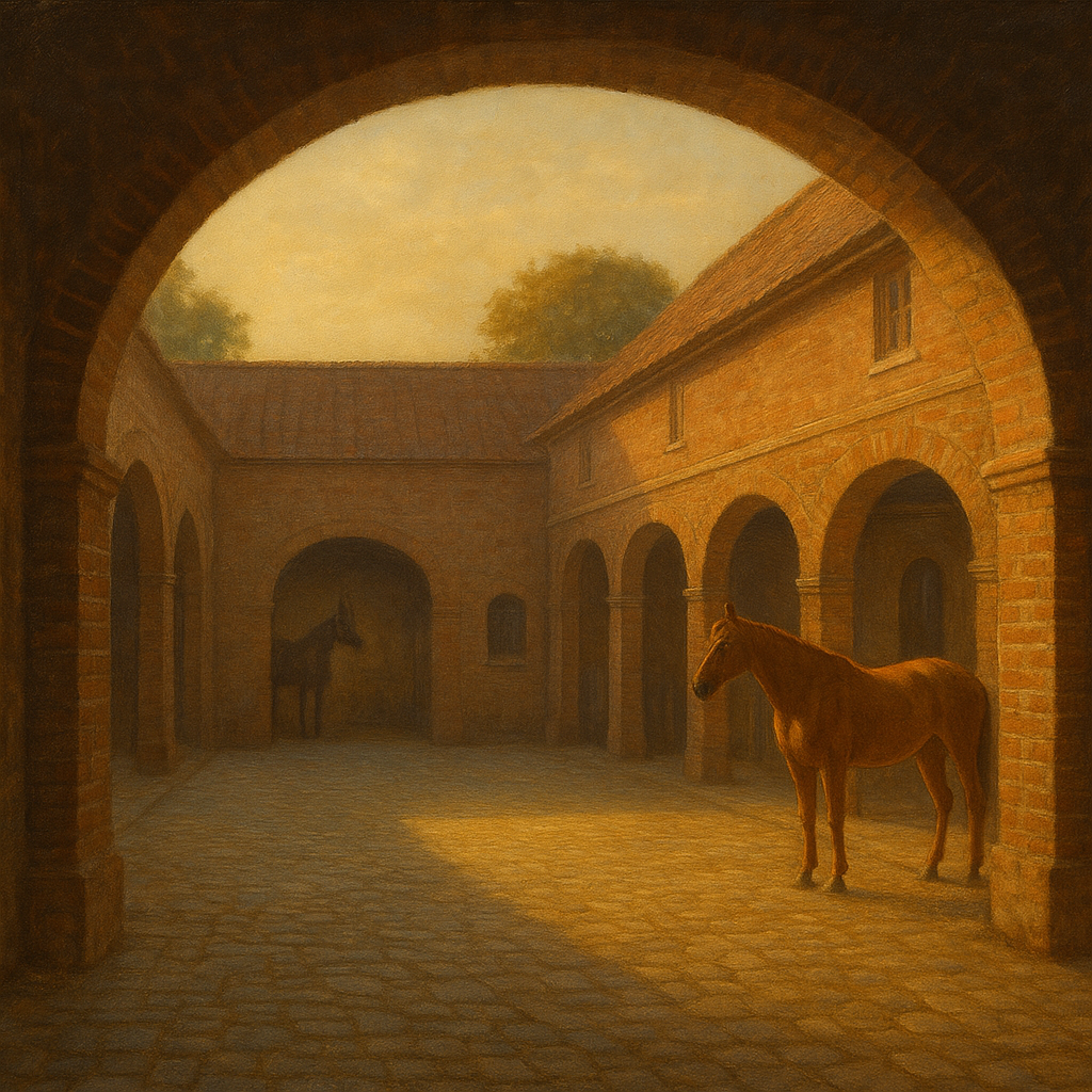 Equestrian Stable Courtyard in Late Afternoon Oil Painting - View 1