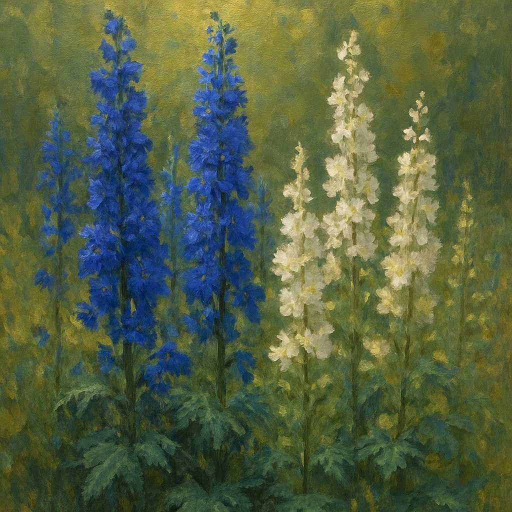 Wild Blue Delphiniums & White Larkspur Garden Fine Art Oil Painting - View 1