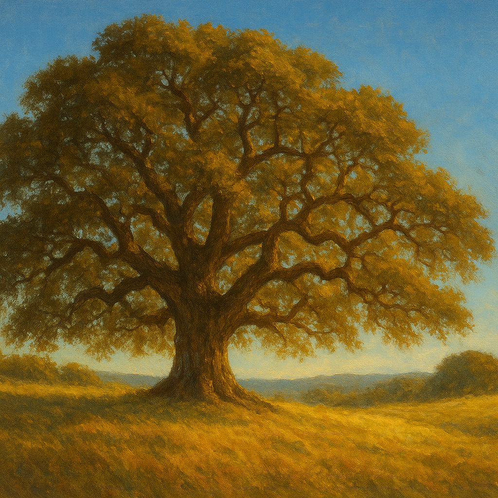 Old Oak Tree on Sunlit Meadow Ridge No. 8 Fine Art Oil Painting - View 1