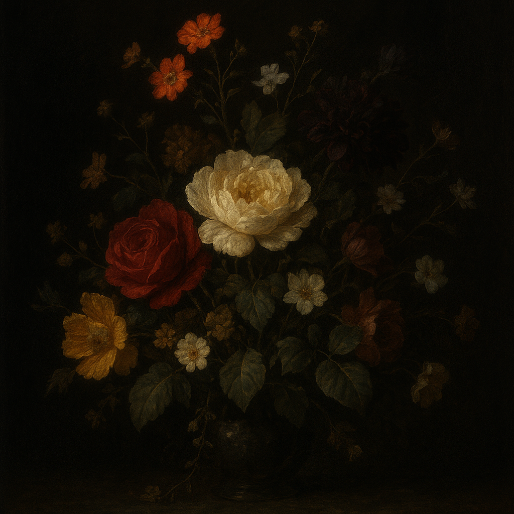 Moody Dutch Master Dark Floral Still Life No. 5 Fine Art Oil Painting - View 1