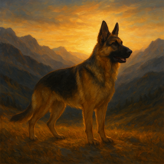 German Shepherd Standing in Alpine Sunset No. 17 Fine Art Oil Painting - View 1