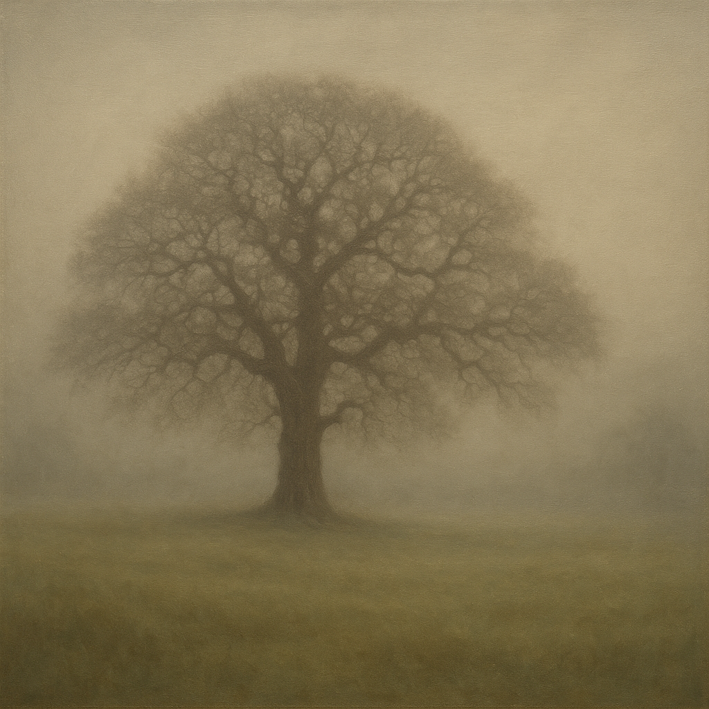 Ancient Solitary Oak in Morning Fog No. 7 Oil Painting - View 1
