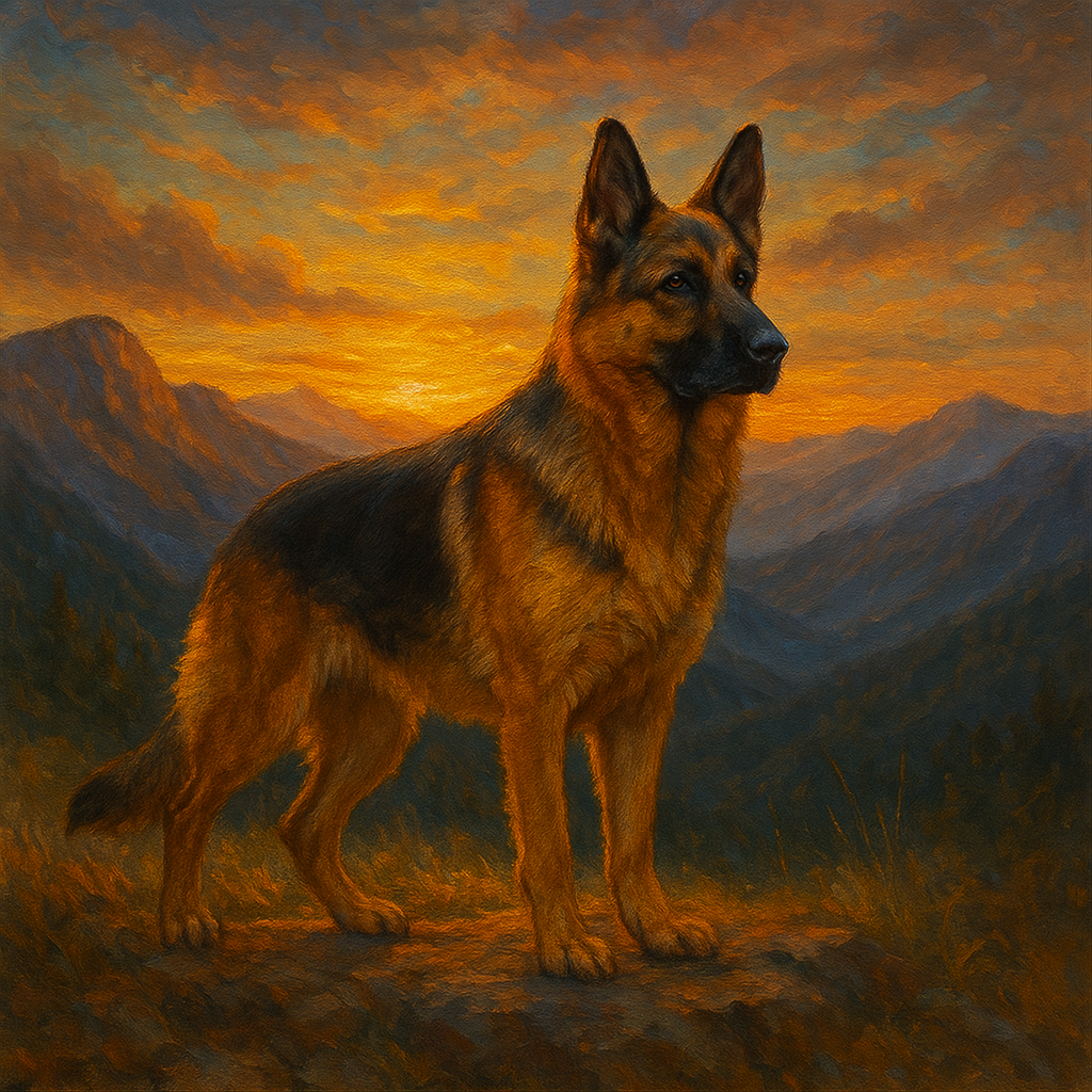 German Shepherd Standing in Alpine Sunset No. 2 Fine Art Oil Painting - View 1