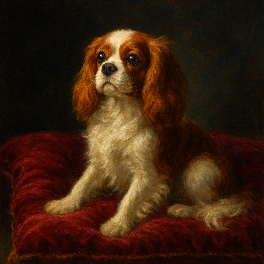 Cavalier King Charles Spaniel on Velvet Cushion No. 14 Fine Art Oil Painting - View 1