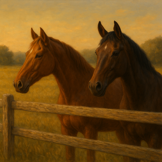Two Horses at Rustic Post & Rail Fence No. 17 Oil Painting - View 1
