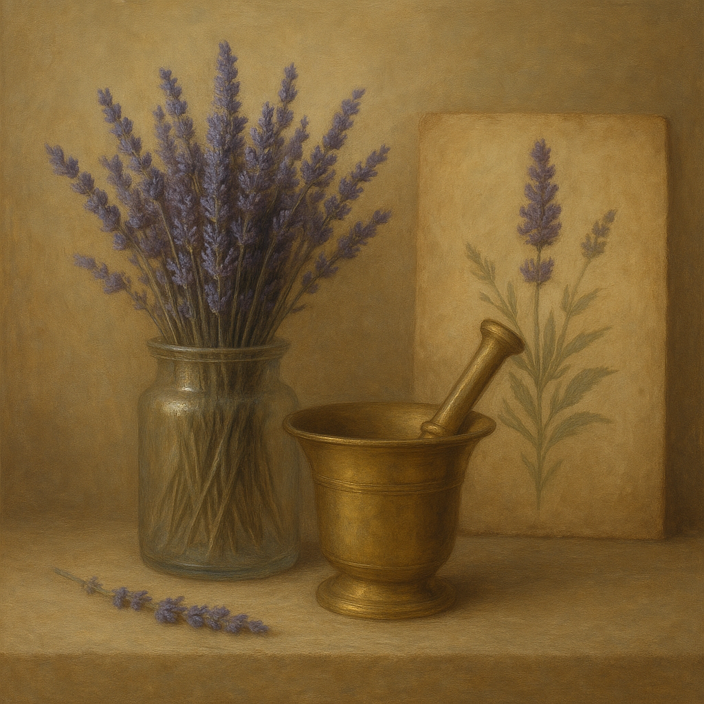 Lavender Herbarium & Mortar Study No. 7 Oil Painting - View 1