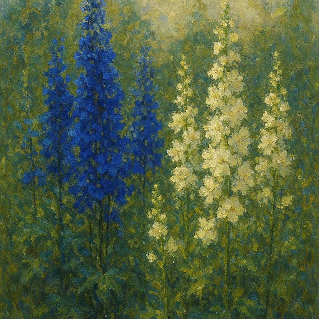 Wild Blue Delphiniums & White Larkspur Garden No. 7 Fine Art Oil Painting - View 1